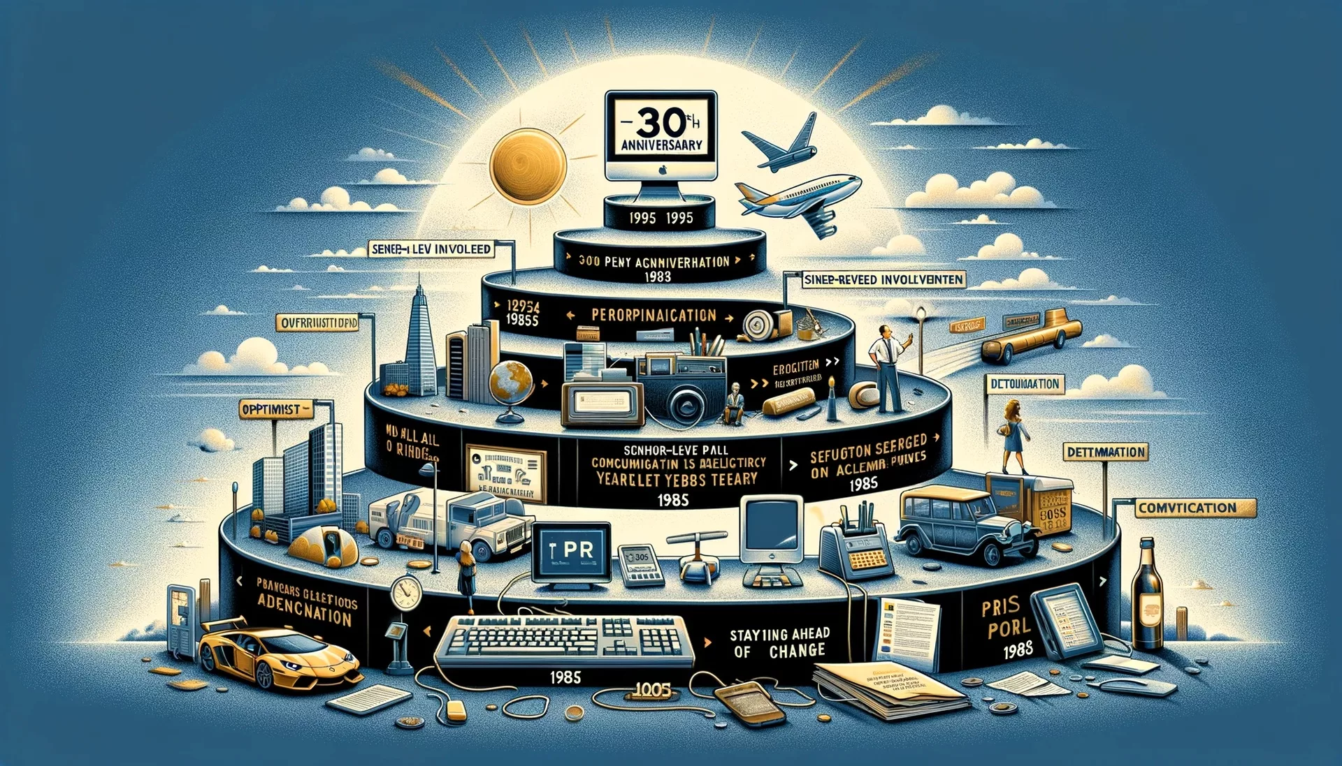 Retro style illustration celebrating a 30th anniversary with technological and corporate milestones.