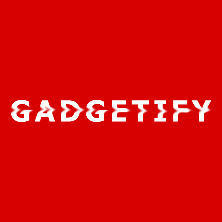 White GADGETIFY text logo on a bold red background
