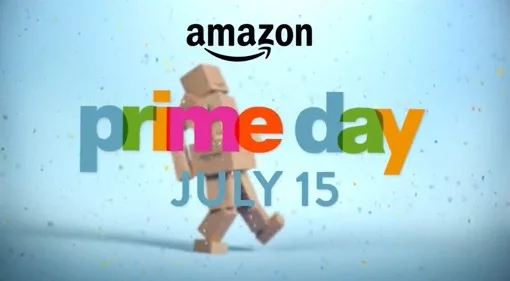 Amazon logo with colorful Prime Day promotion and date July 15.