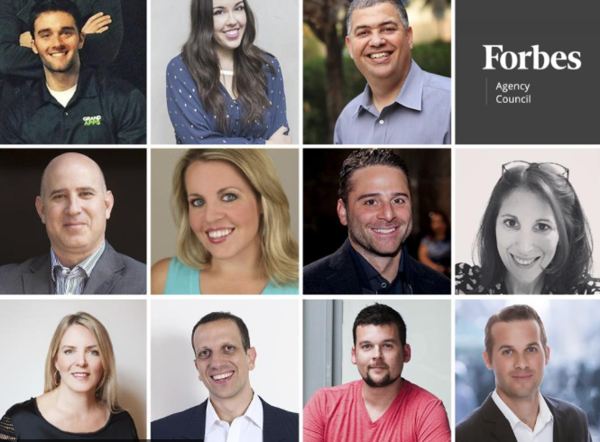 Collage of nine smiling professionals with Forbes Agency Council logo