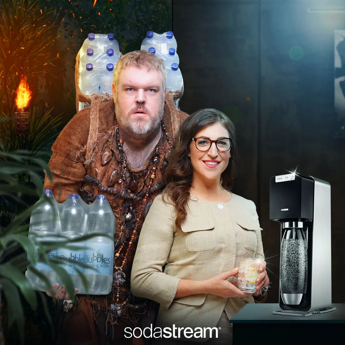 Caveman with plastic bottles and modern woman with SodaStream machine.