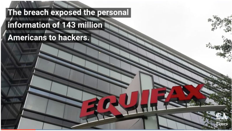 Equifax building exterior with caption about data breach incident.