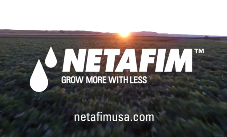 Sunset over a field with Netafim logo and tagline "Grow More With Less" plus website address.