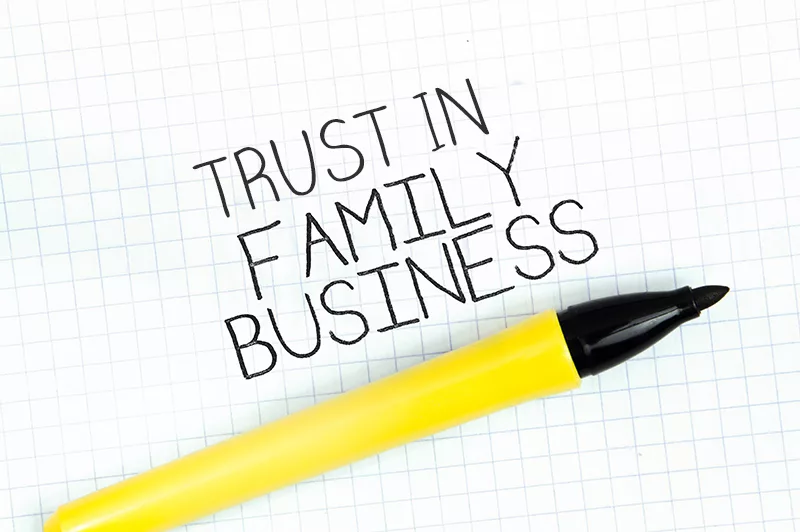 Close-up of a marker pen with 'Trust in Family Business' written on grid paper.