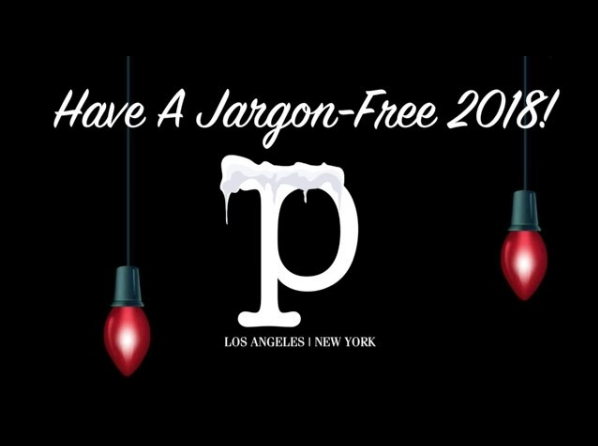 Festive holiday lights with melting snow on letter P and text Have A Jargon-Free 2018.