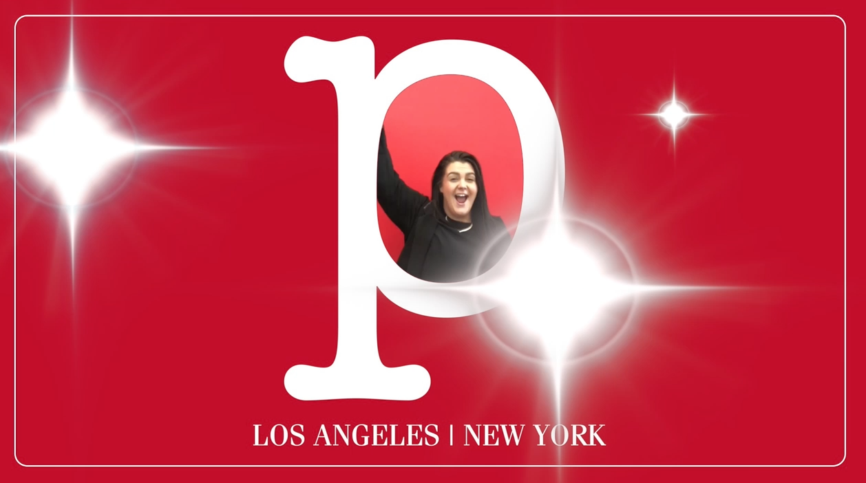 Joyful person peering through number 10 on bright red background with Los Angeles New York text.
