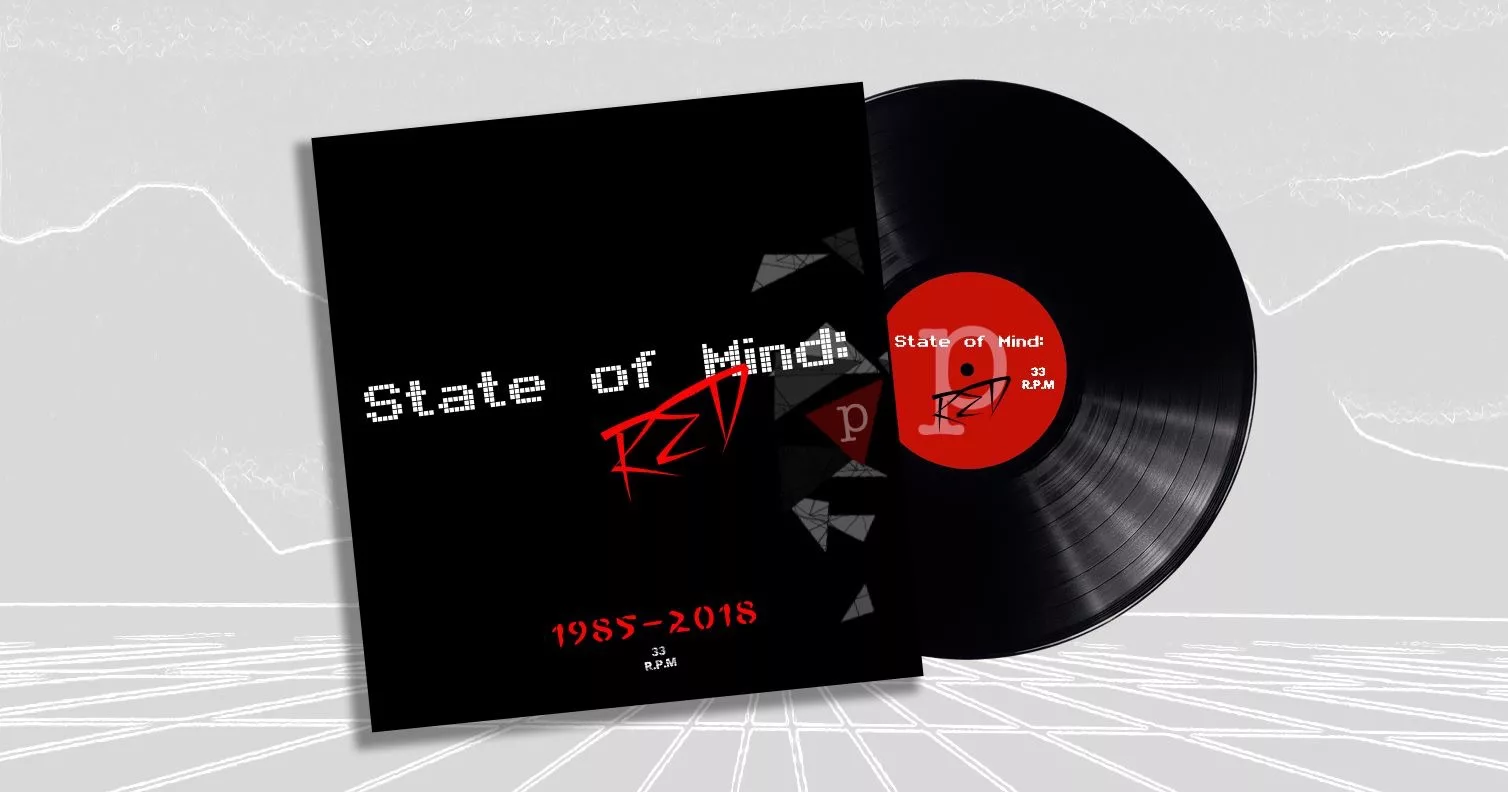 Vinyl record and album cover with text "State of Mind" and geometric shapes.