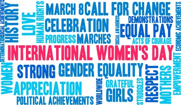 Word cloud for International Women's Day with themes of equality and celebration