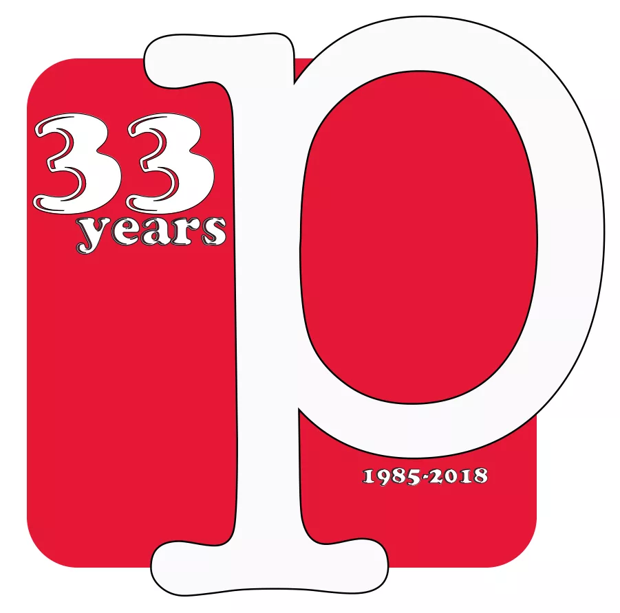 33 years anniversary logo with red and white color scheme from 1985 to 2018