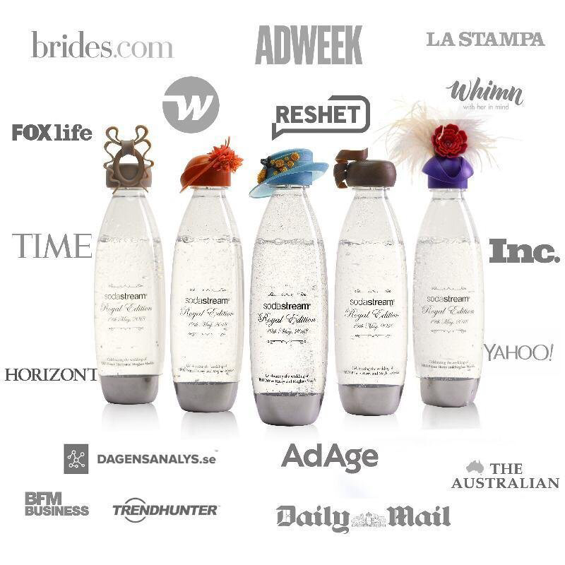 SodaStream bottles with customized hats representing various media brands.