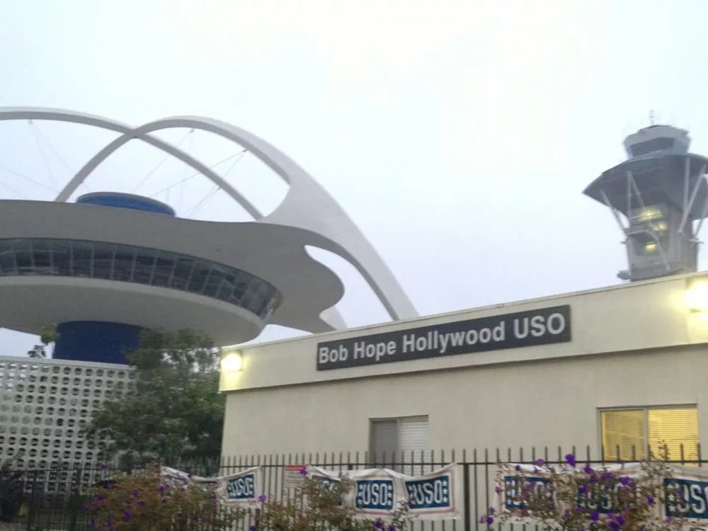 Futuristic airport architecture with Bob Hope Hollywood USO signage