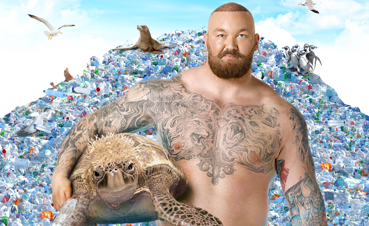 Man with tattoos standing on a plastic waste hill with sea animals and birds.