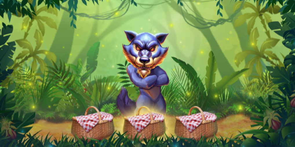 Animated wolf character in a mystical forest with picnic baskets
