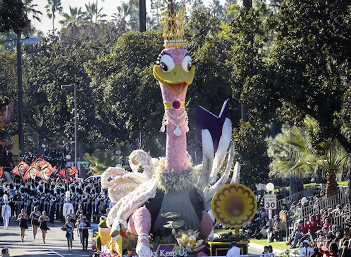 Colorful parade float with large bird character and spectators in the background