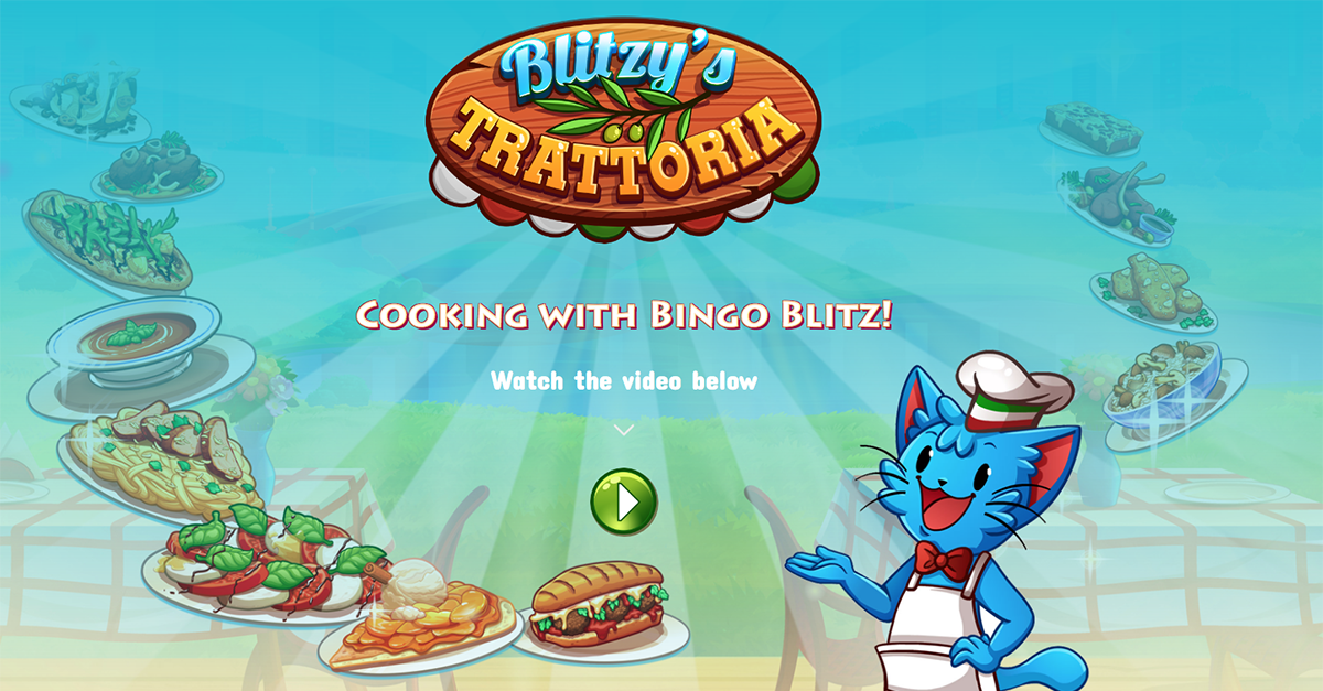 Animated blue cat chef with Italian dishes promoting Bingo Blitz cooking game.