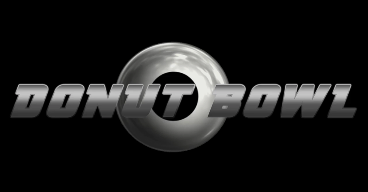 Shiny silver donut with bold 'DONUT BOWL' text on a dark background