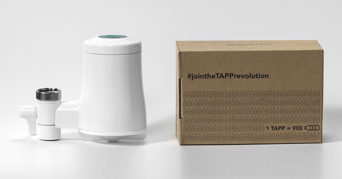 Water filter device next to cardboard box with #jointheTAPPrevolution text.