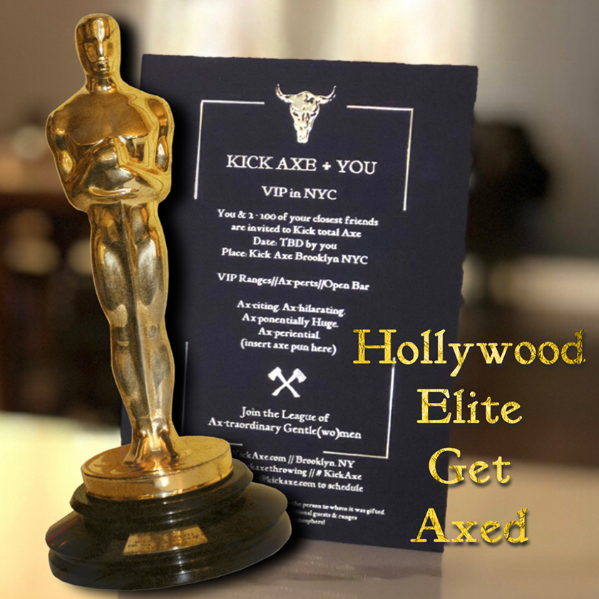 Oscar statuette next to invitation for an ax-throwing event with Hollywood-themed text.