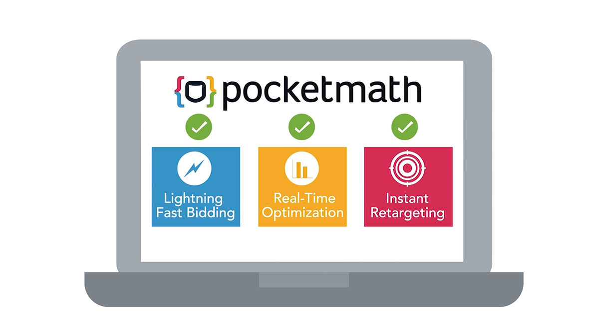 Laptop showing PocketMath features including Fast Bidding