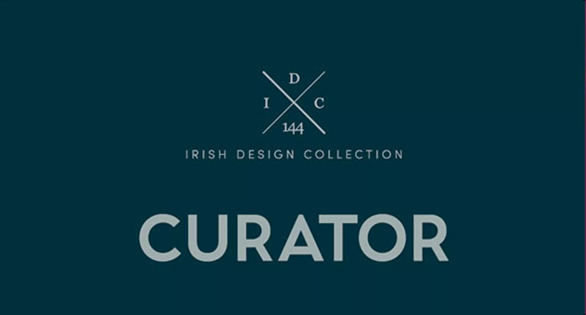 Dark teal background with white text "CURATOR" and logo for Irish Design Collection.