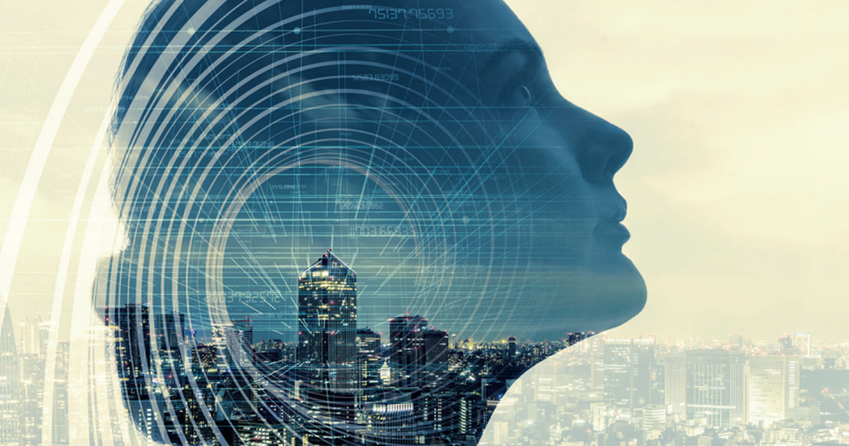 Futuristic AI concept with digital face over city skyline