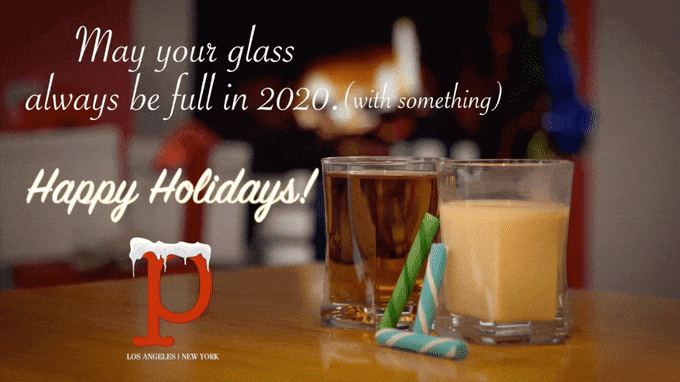 Holiday greeting with two drinks and text wishing a full glass in 2020.