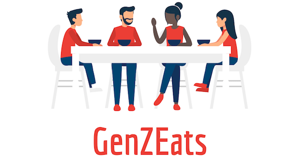 Group of young people with laptops at table with GenZEats logo below.