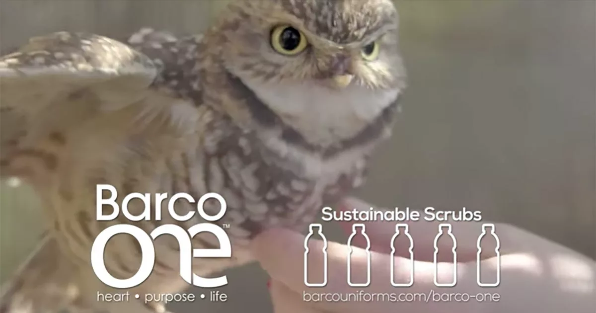 Owl with Barco One sustainable scrubs ad and eco-friendly message