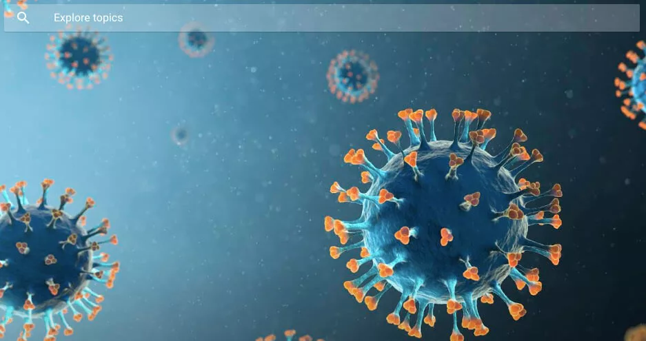 3D illustration of blue viruses with spike proteins against a light background