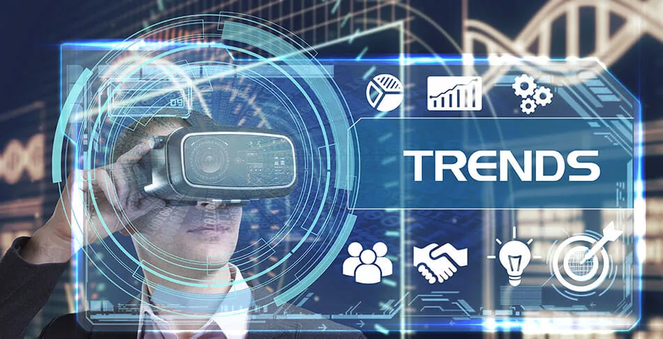 Person using VR headset with futuristic trends and data graphics overlay