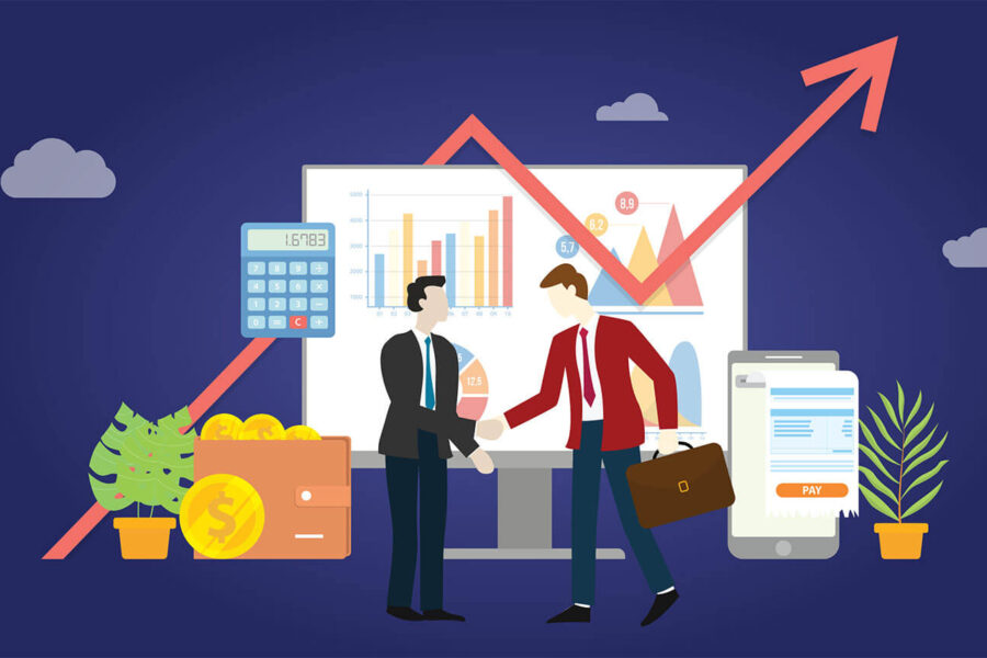 Business partners shaking hands with charts