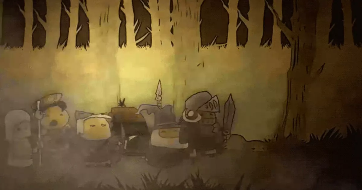 Animated characters camping in a forest at night with spooky shadows