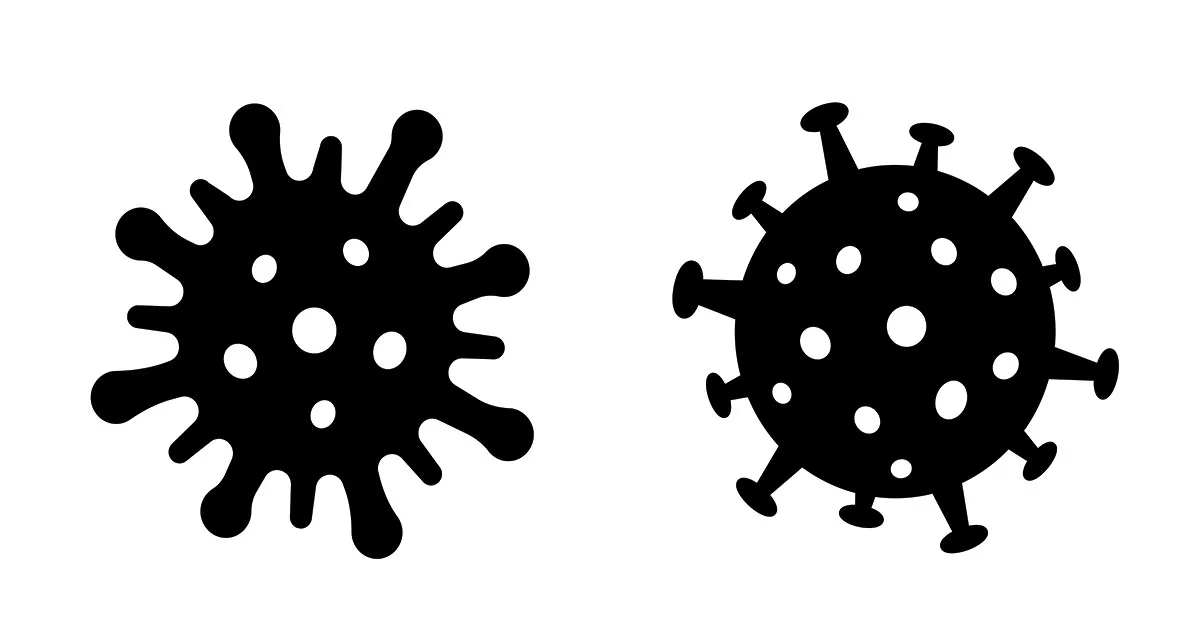 Two black and white stylized virus icons on a white background