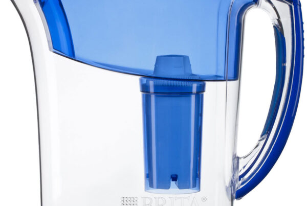 Blue Brita water filter pitcher with transparent design