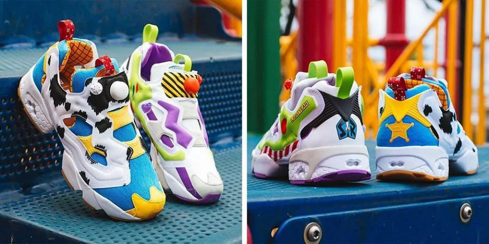 Colorful kids sneakers with superhero and cartoon designs on playground steps