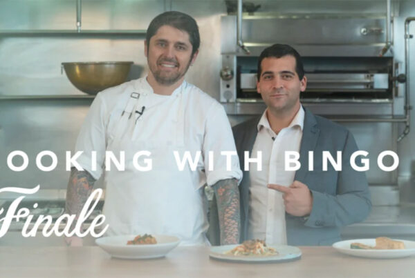 Two chefs smiling in a kitchen with text "Cooking with Bingo Finale"