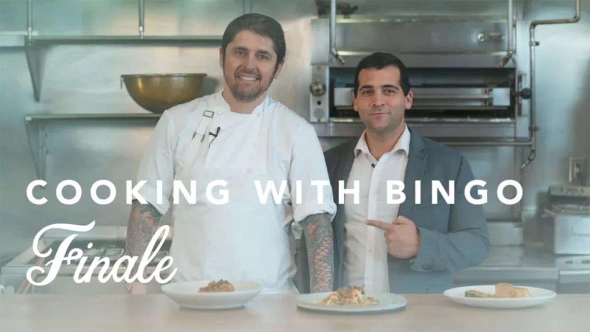 Two chefs smiling in a kitchen with text "Cooking with Bingo Finale"