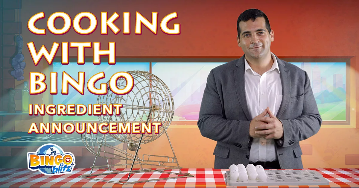 Man in kitchen setting with 'Cooking with Bingo' sign and bingo cage for ingredient reveal.