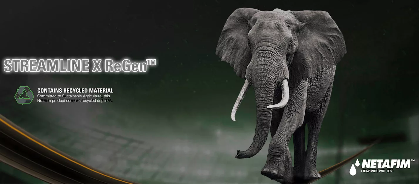 Elephant beside Streamline X ReGen logo promoting recycled agricultural driplines.