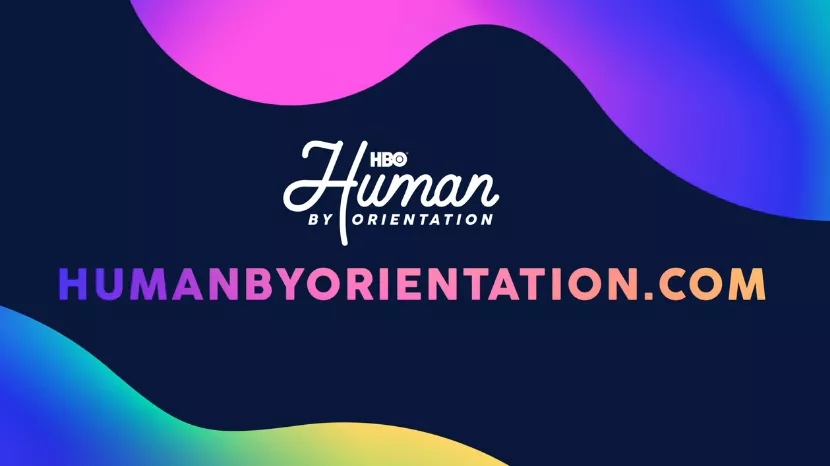 Colorful HBO promotional graphic with 'Human By Orientation' text and web address.