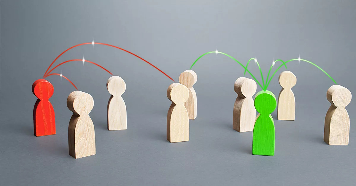 Wooden figures connecting with colored lines symbolizing network or teamwork.
