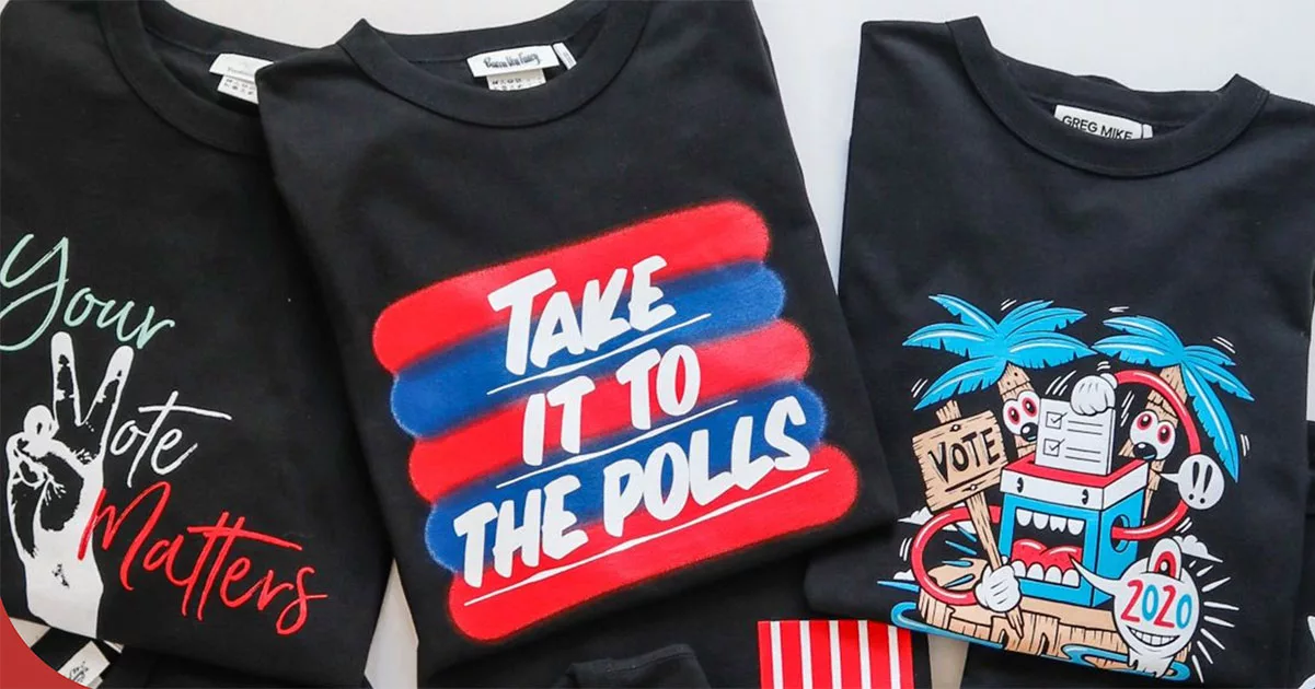 Three themed T-shirts promoting voting with catchy slogans and graphics