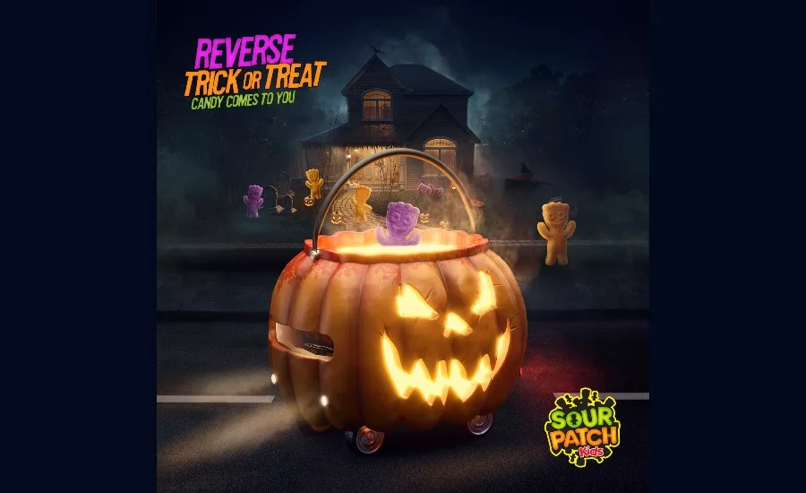 Halloween pumpkin basket with candies and 'Reverse Trick or Treat' text.