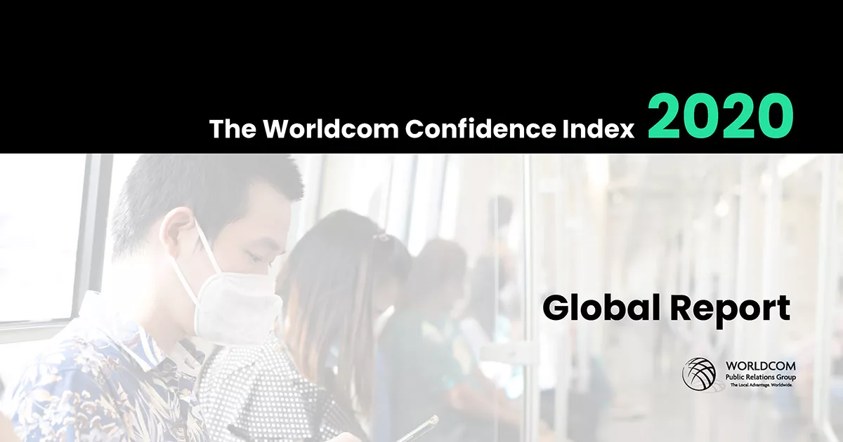 Man in mask with Worldcom Confidence Index 2020 Global Report banner