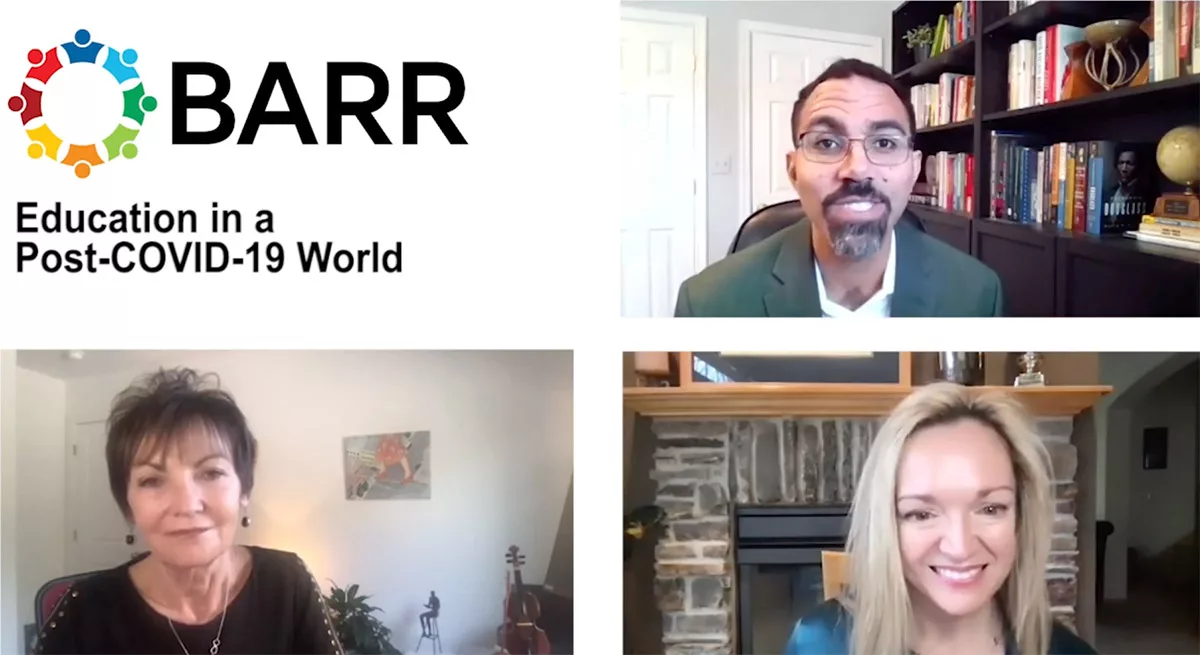 Three people on a virtual meeting with BARR Education Post-COVID-19 banner.