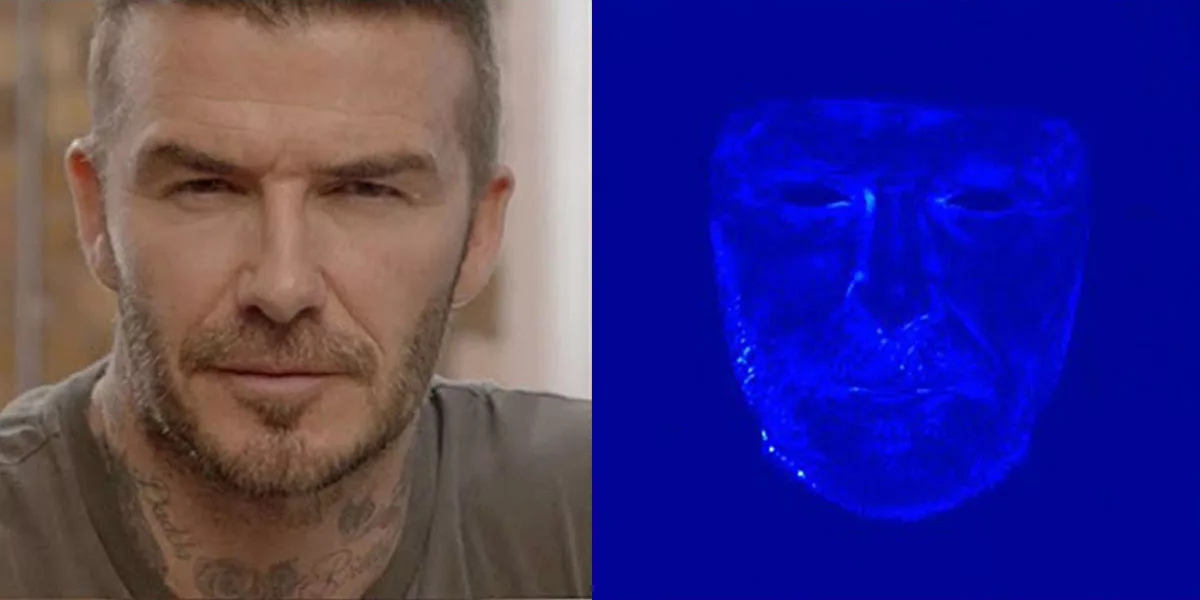 Man and his glowing blue 3D face scan side by side