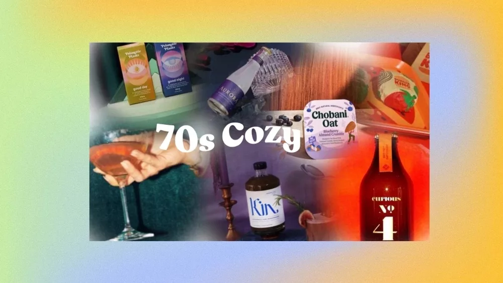 Collage of 70s inspired items with vibrant colors and retro products