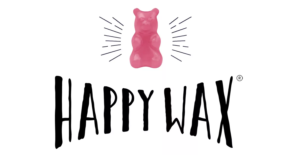 Pink gummy bear with rays and Happy Wax logo in black text