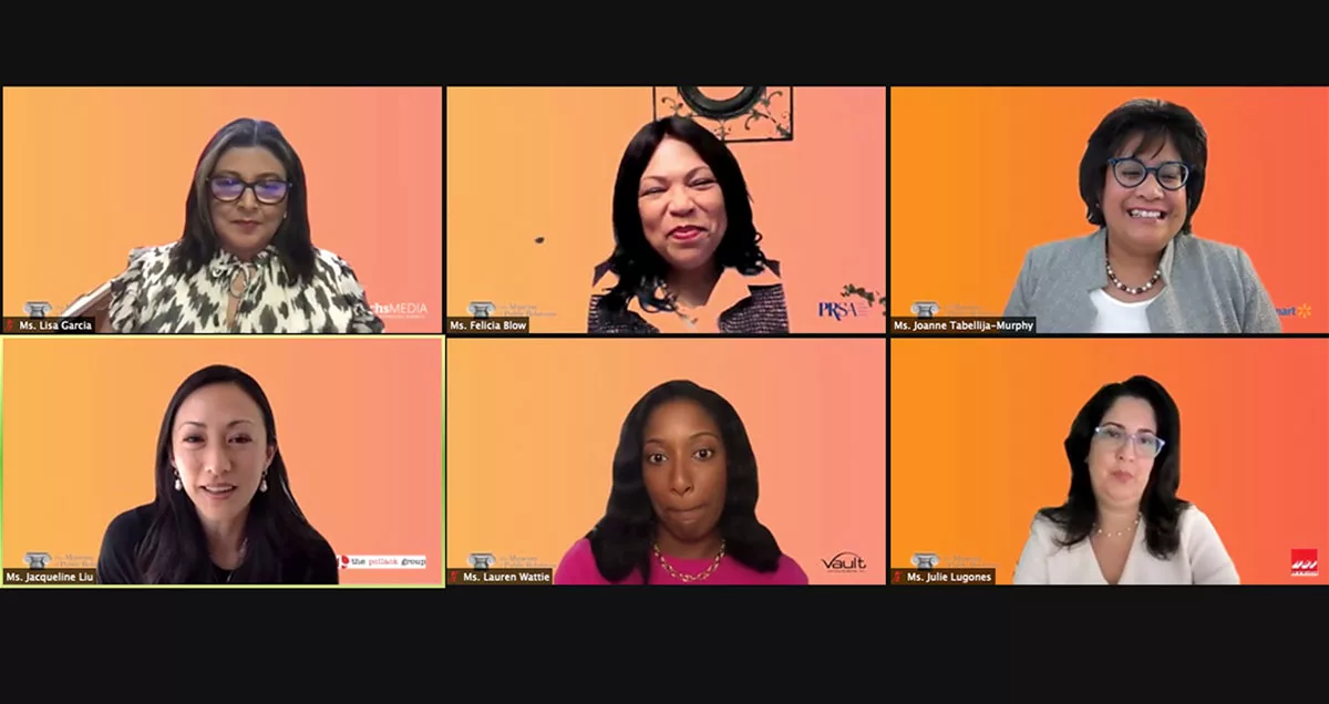 Six diverse women professionals smiling during a virtual panel discussion