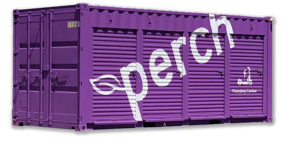 Purple shipping container with white "Open" text and charging station symbol
